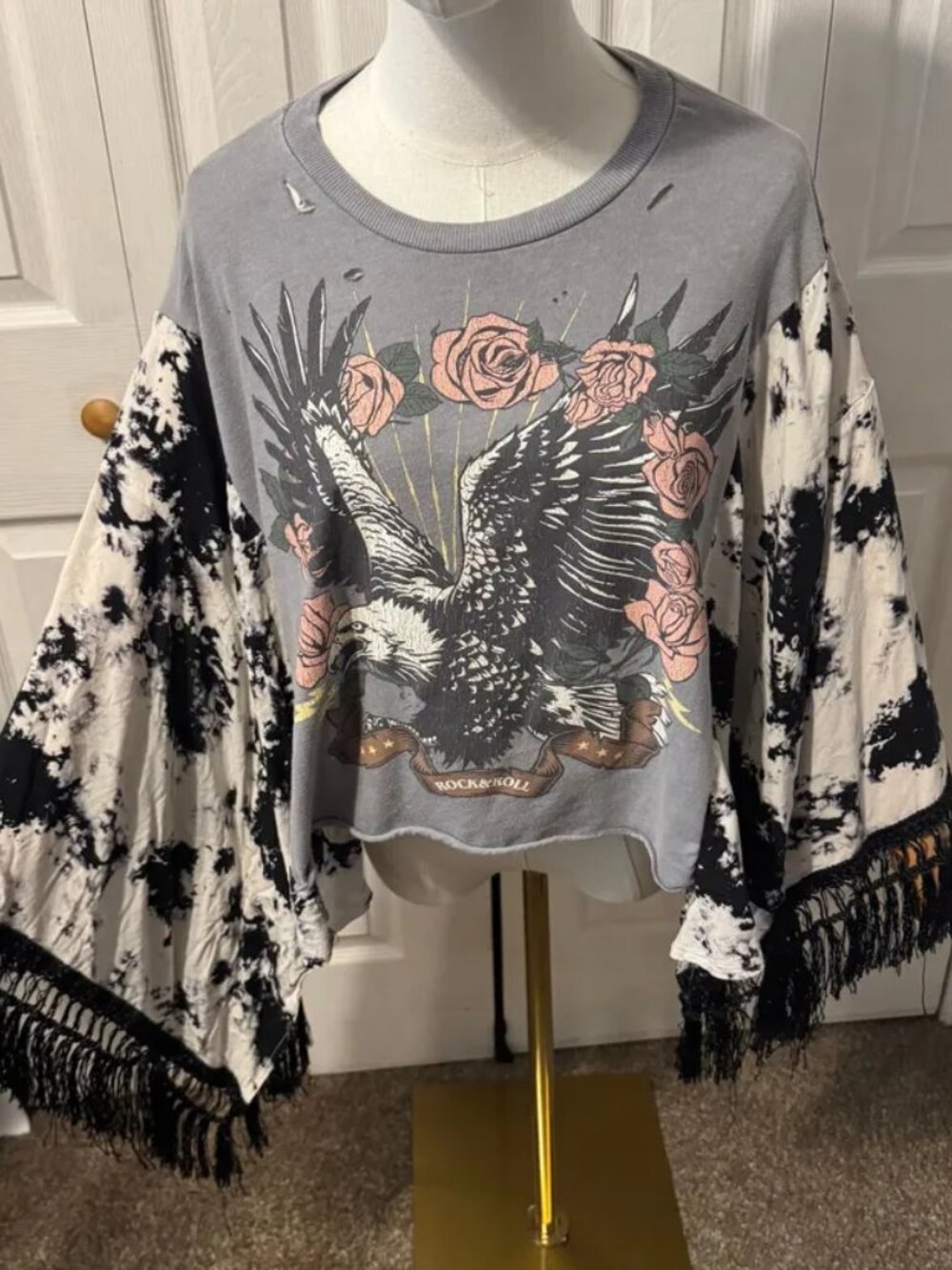 Rock & Roll Cropped Upcycled Graphic T-shirt with Flowy Fringed Tie Dye Sleeves